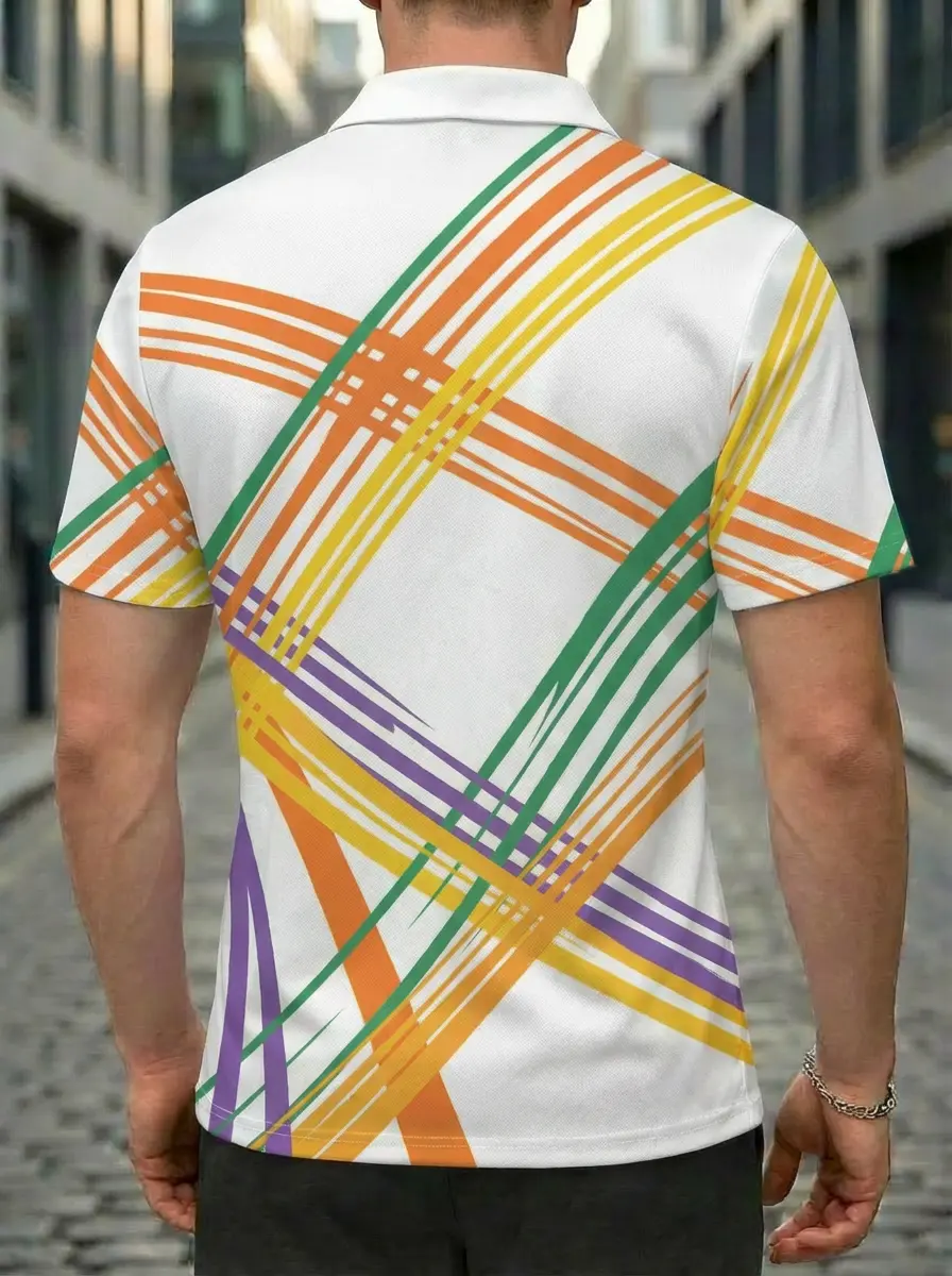 Moisture-wicking Colorful Diagonal Strip Button Short Sleeve Golf Polo Shirt