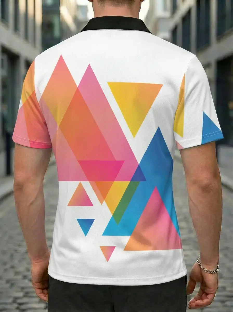 Moisture-wicking Colorful Geometric Triangle Button Short Sleeve Golf Polo Shirt