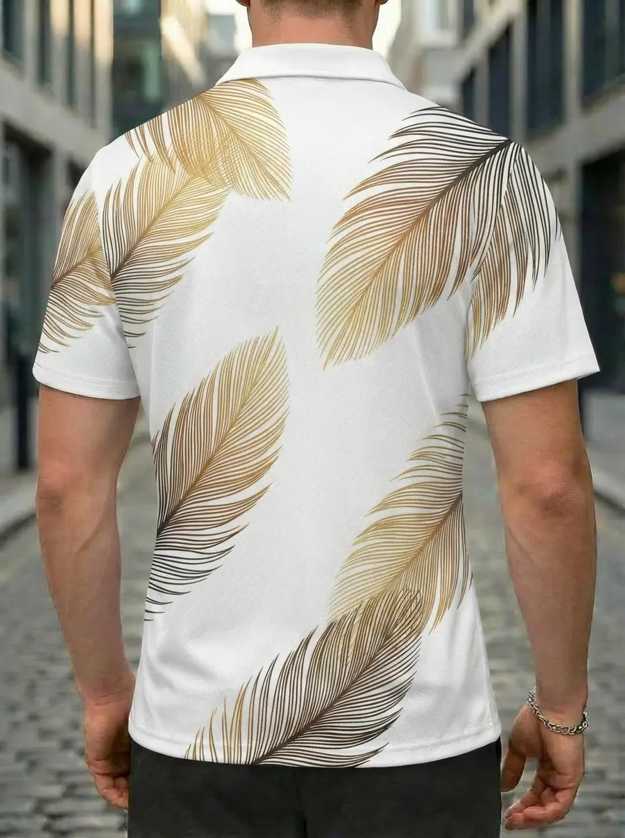 Moisture-wicking Gold Palm Leaf Button Short Sleeve Golf Polo Shirt