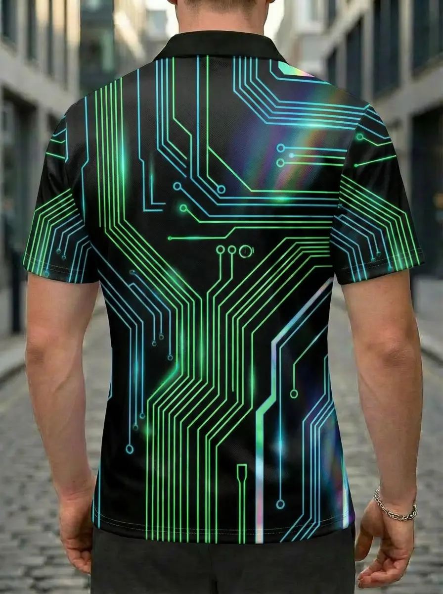 Moisture-wicking Neon Circuit Board Button Short Sleeve Golf Polo Shirt