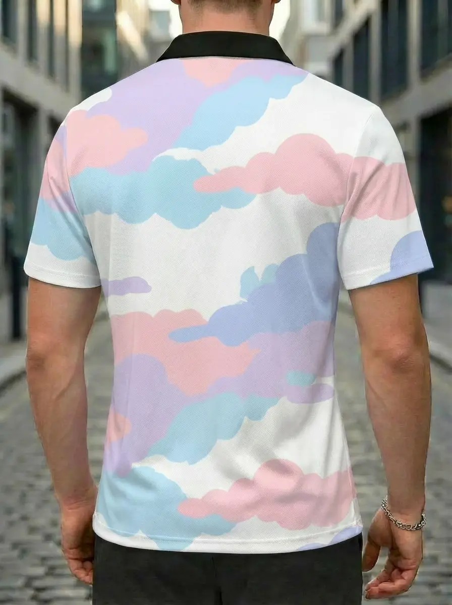 Moisture-wicking Pastel Cloud Camo Button Short Sleeve Golf Polo Shirt