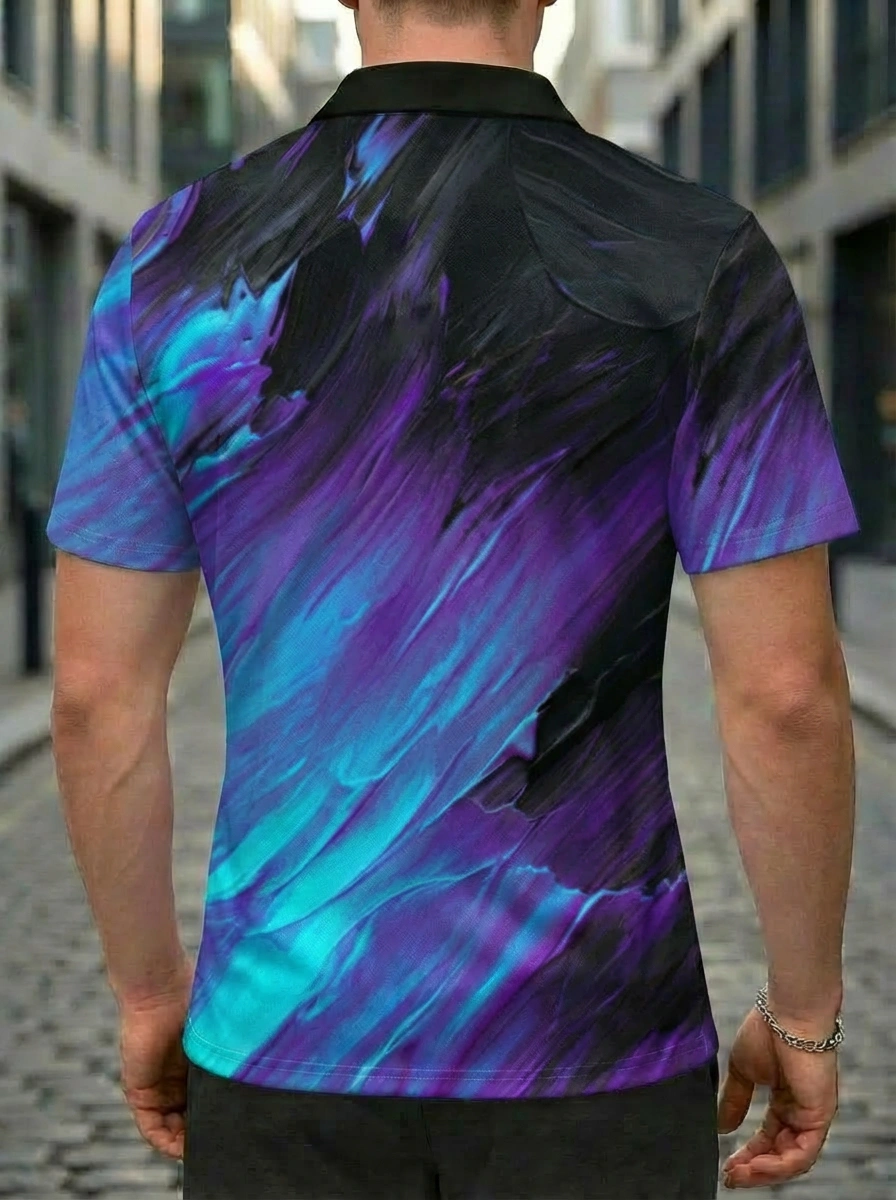 Moisture-wicking Black Blue Purple Gradient Oil Painting Brushstroke Button Short Sleeve Golf Polo Shirt