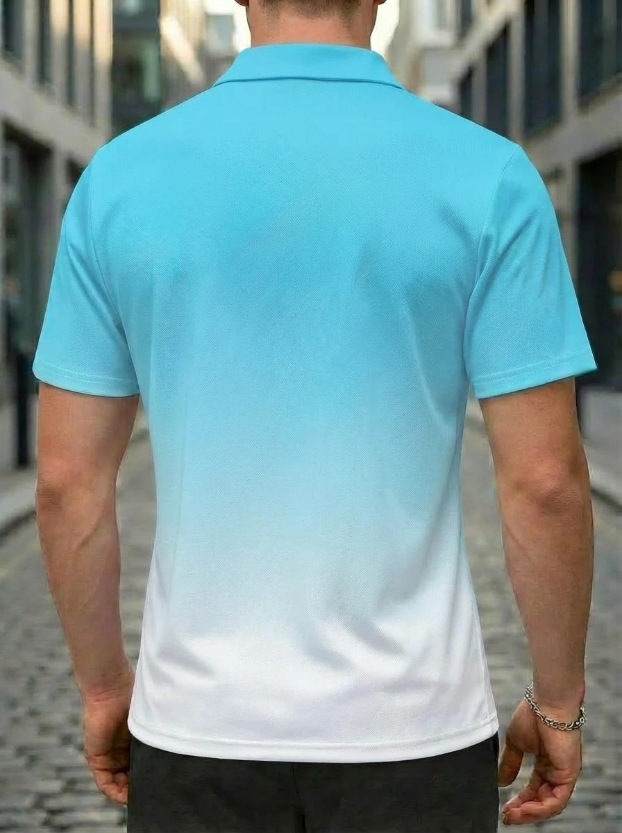 Moisture-wicking Cyan White Ombre Polar Bear Button Short Sleeve Golf Polo Shirt