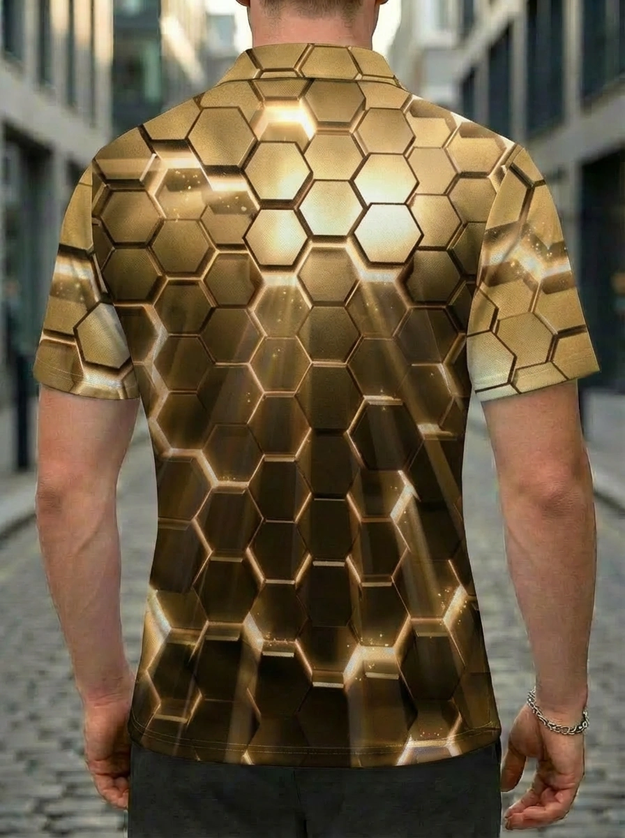 Moisture-wicking Gold Honeycomb 3D Reflective Button Short Sleeve Golf Polo Shirt