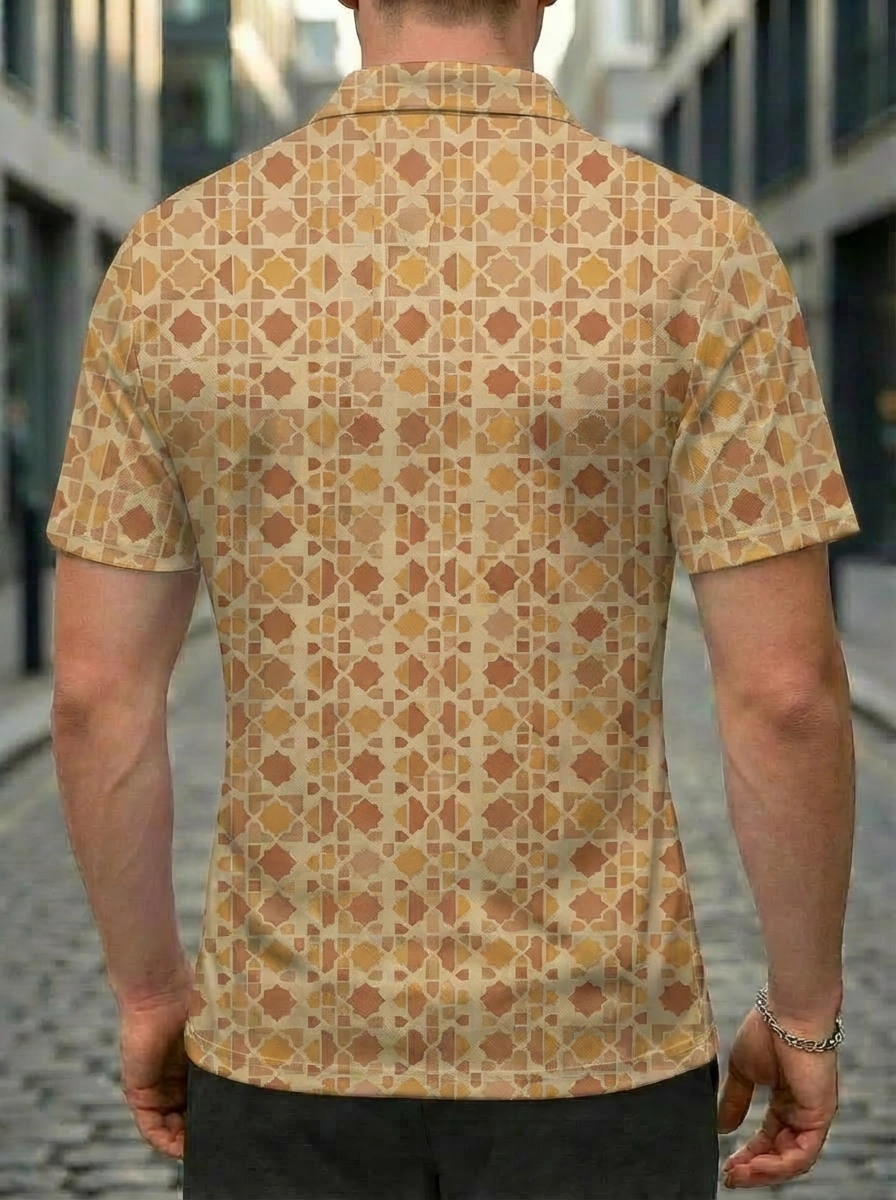 Moisture-wicking Beige Moroccan Tile Pattern Button Short Sleeve Golf Polo Shirt