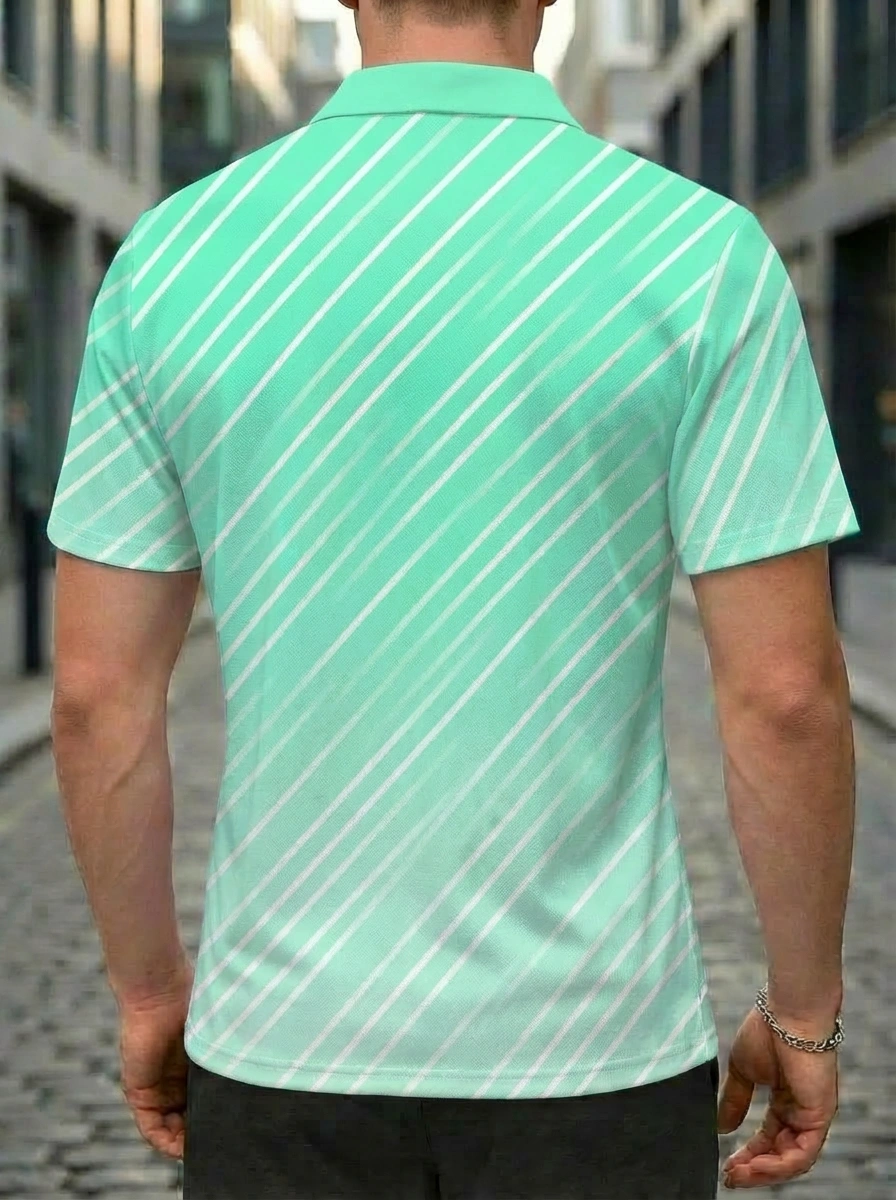 Moisture-wicking Mint Green White Diagonal Stripe Button Short Sleeve Golf Polo Shirt