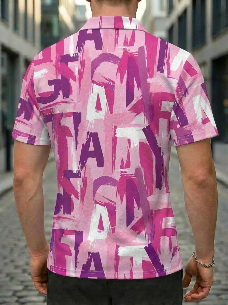 Moisture-wicking Pink Purple White Abstract Brushstroke Button Short Sleeve Golf Polo Shirt