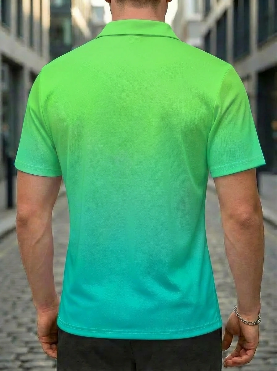 Moisture-wicking Green Cyan Ombre Abstract Brushstroke Graphic Button Short Sleeve Golf Polo Shirt