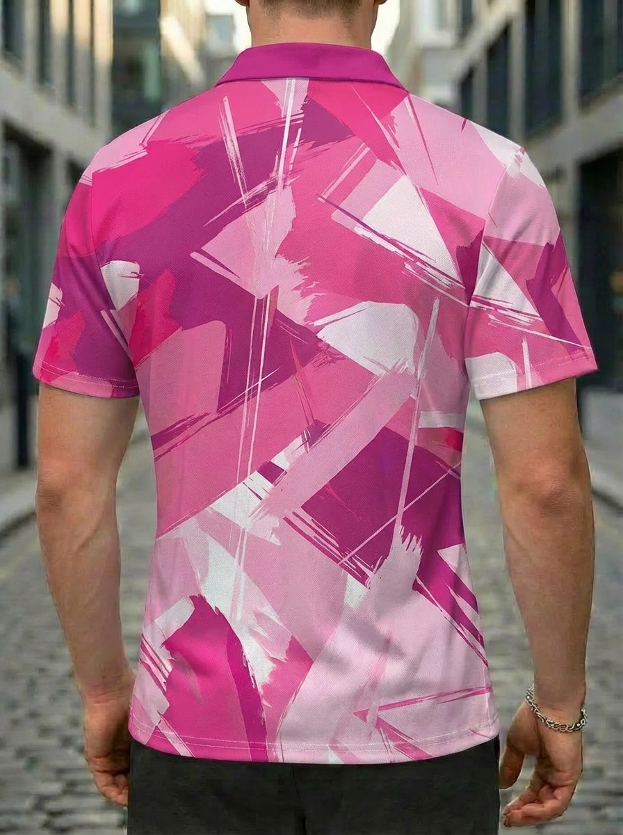 Moisture-wicking Pink White Geometric Brushstroke Camo Button Short Sleeve Golf Polo Shirt