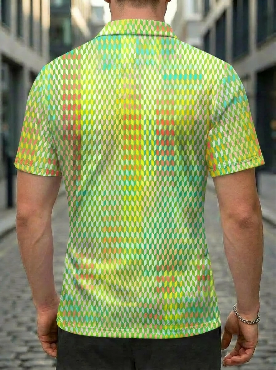 Moisture-wicking Yellow Green Pink Gradient Geometric Triangle Button Short Sleeve Golf Polo Shirt
