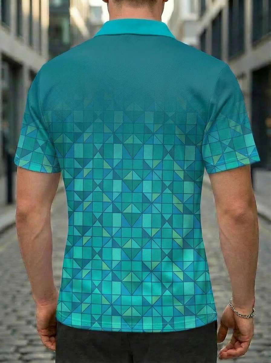 Moisture-wicking Teal Geometric Triangle & Bird Graphic Button Short Sleeve Golf Polo Shirt