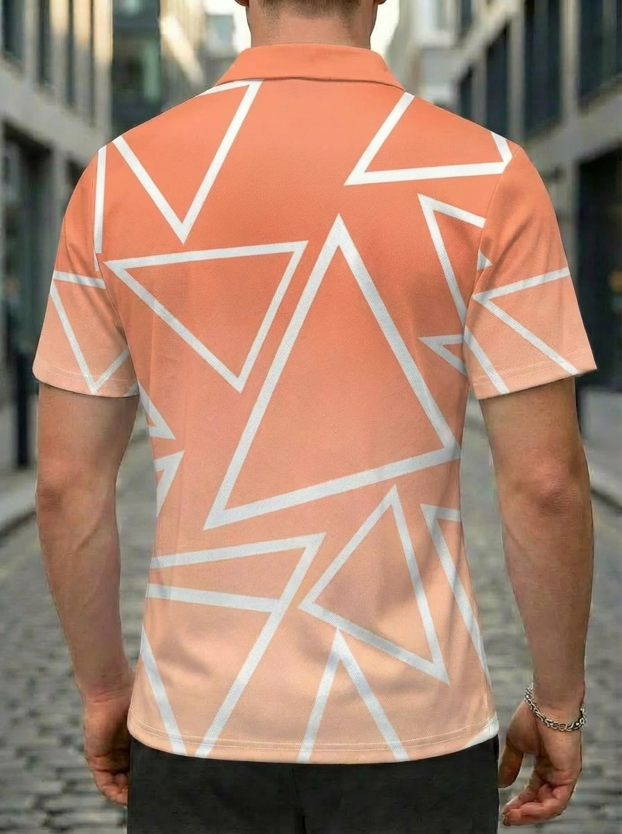 Moisture-wicking Peach White Geometric Triangle Line Button Short Sleeve Golf Polo Shirt