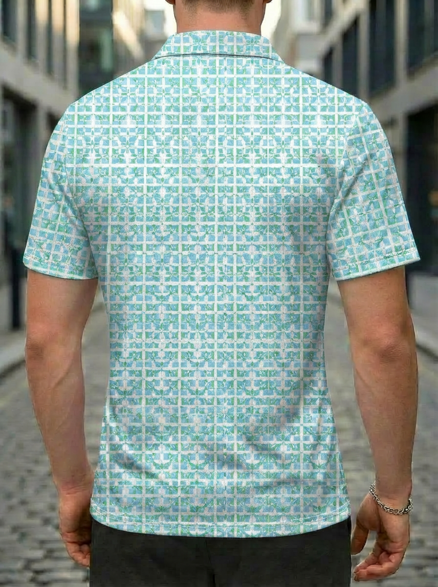 Moisture-wicking Blue Green White Geometric Grid Pattern Button Short Sleeve Golf Polo Shirt