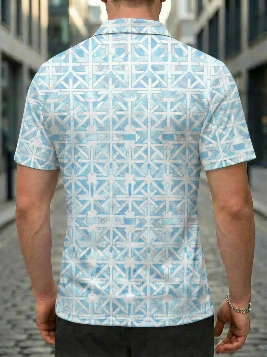 Moisture-wicking Blue White Geometric Grid Pattern Button Short Sleeve Golf Polo Shirt