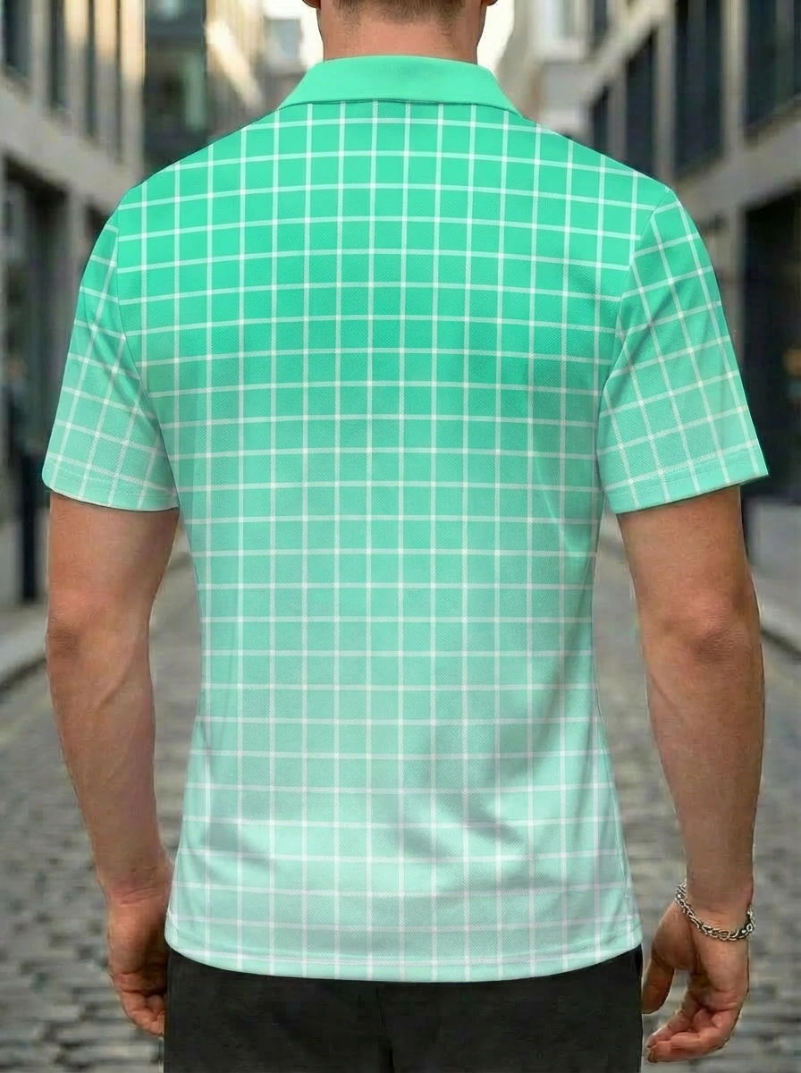 Moisture-wicking Mint Green White Grid Check Button Short Sleeve Golf Polo Shirt