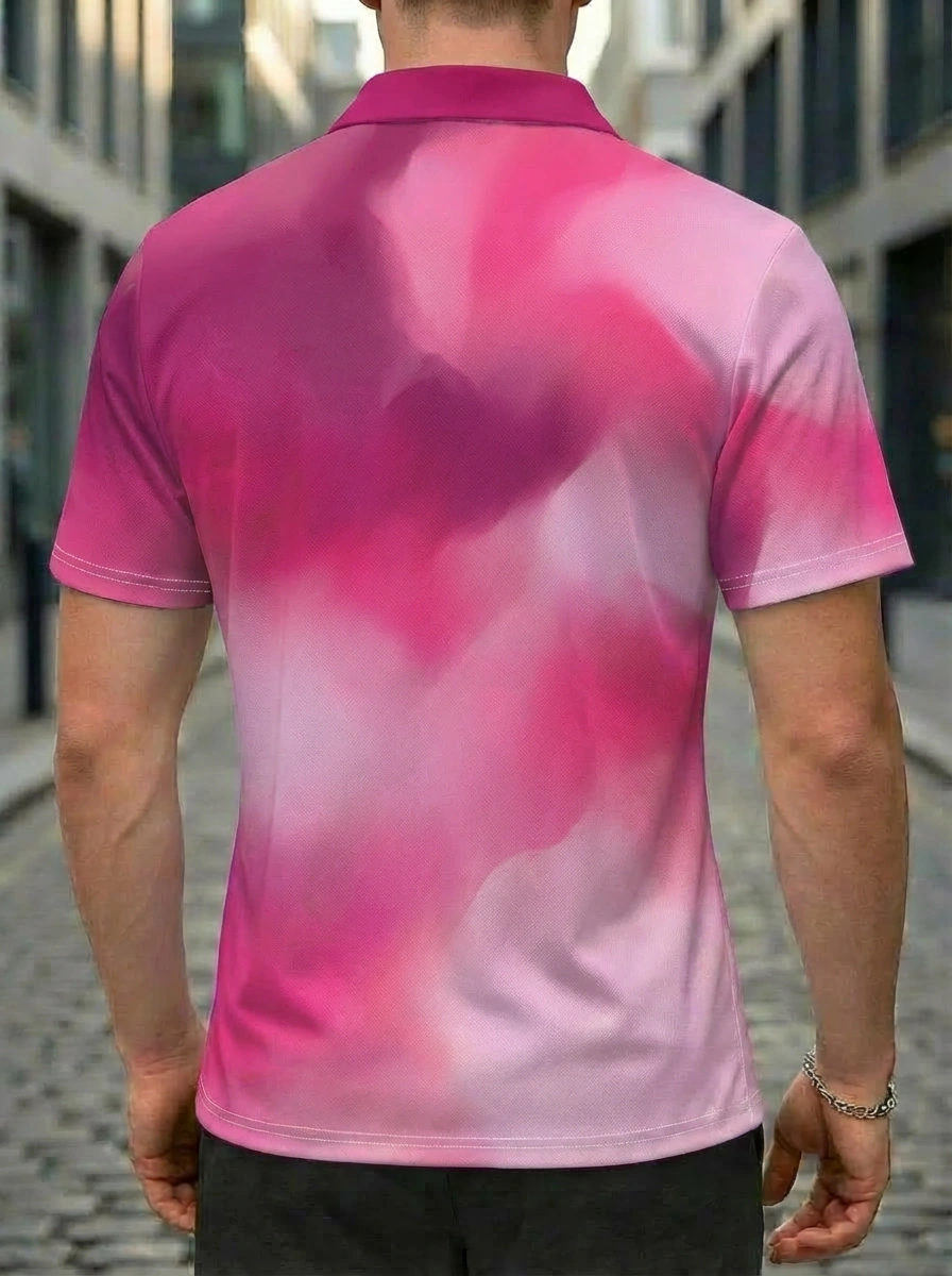 Moisture-wicking Pink Purple Tie-Dye Ombre Button Short Sleeve Golf Polo Shirt