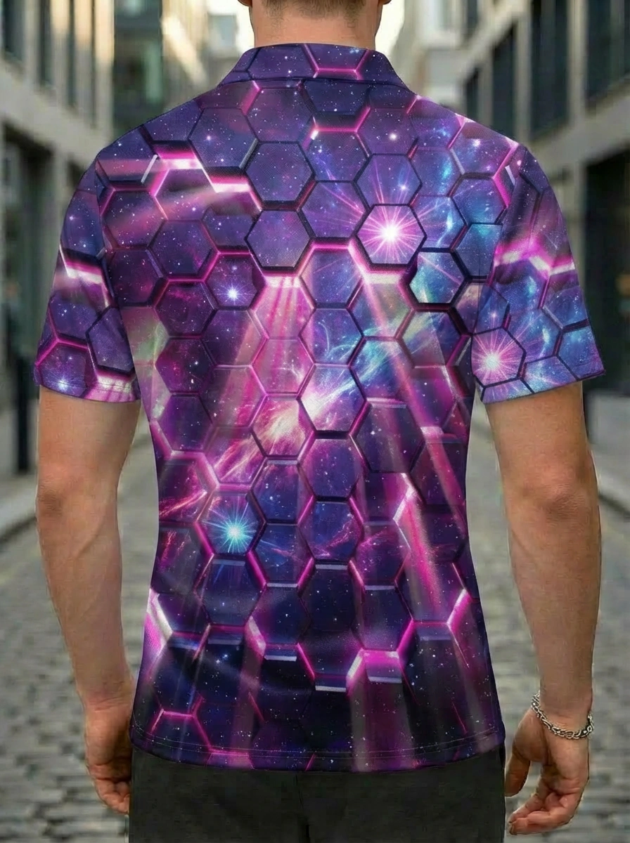 Moisture-wicking Purple Pink Honeycomb Galaxy Pattern Button Short Sleeve Golf Polo Shirt