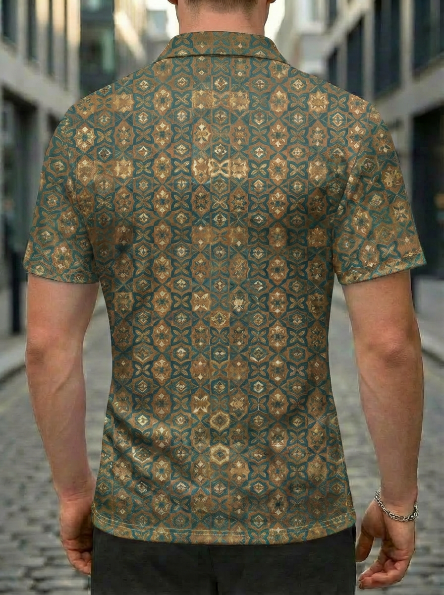 Moisture-wicking Vintage Geometric Moroccan Pattern Button Short Sleeve Golf Polo Shirt