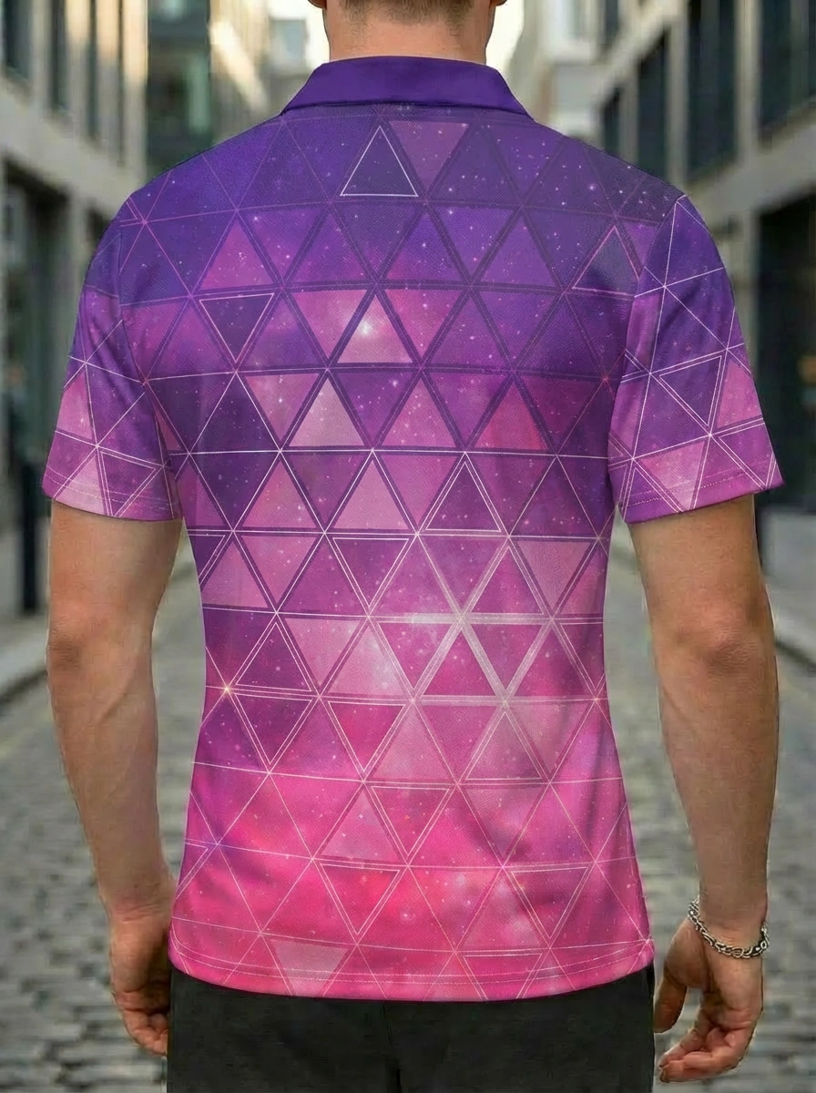 Moisture-wicking Purple Pink Ombre Geometric Triangle & UFO Graphic Button Short Sleeve Golf Polo Shirt