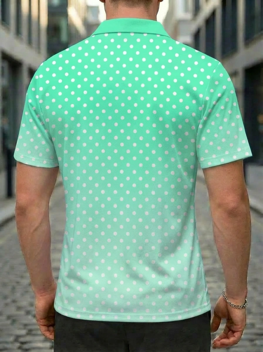 Moisture-wicking Mint Green White Polka Dot Pattern Button Short Sleeve Golf Polo Shirt