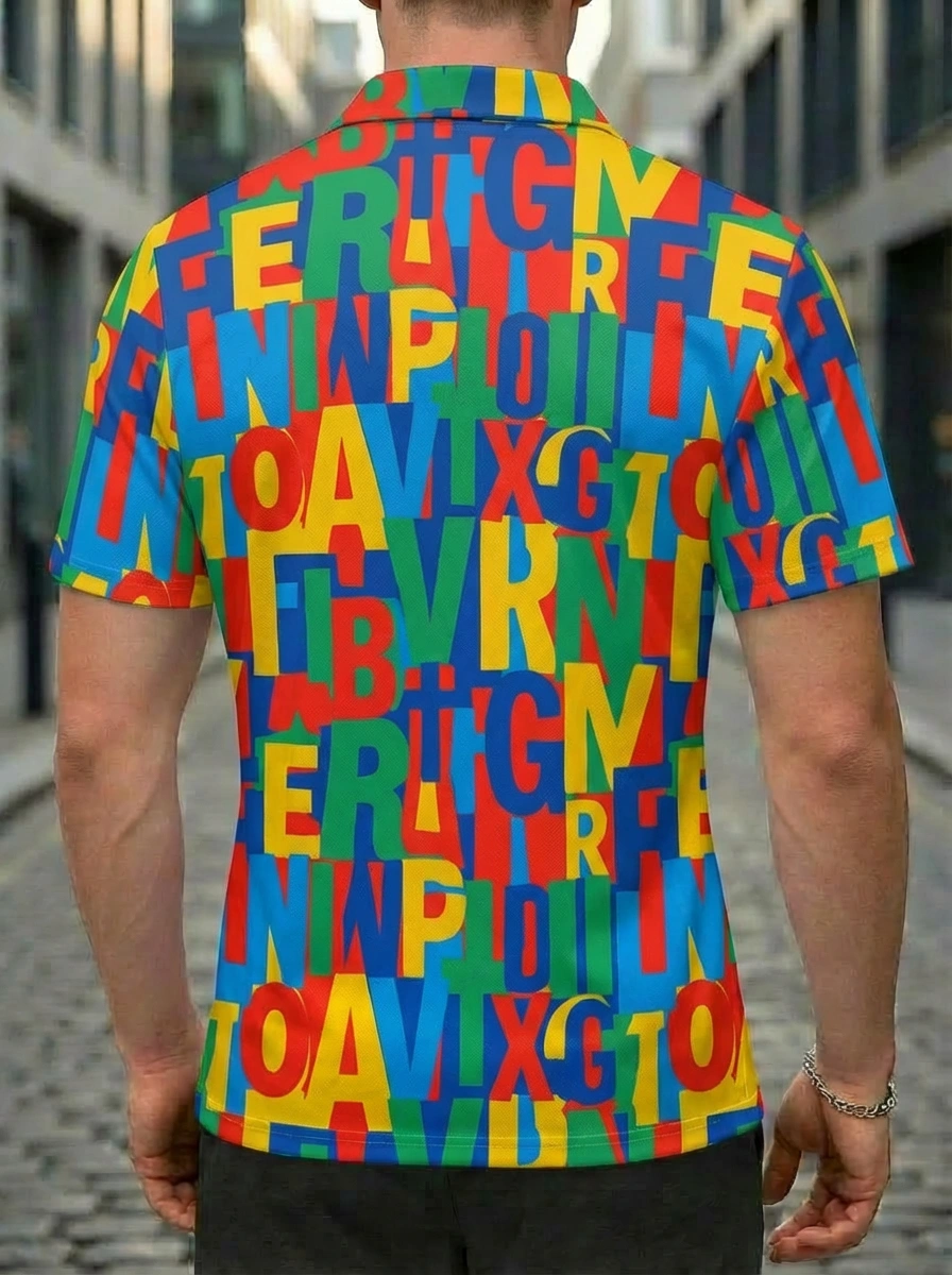 Moisture-wicking Rainbow Alphabet Pattern Button Short Sleeve Golf Polo Shirt