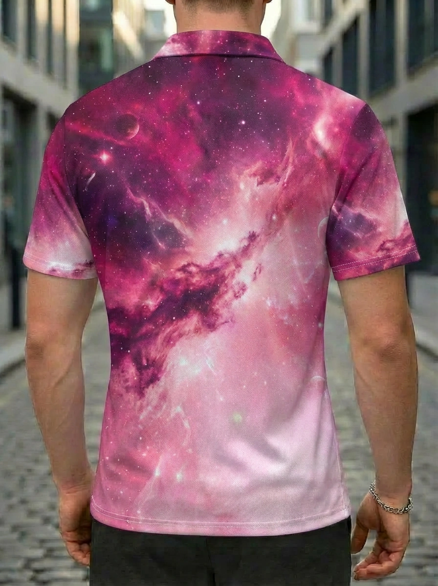 Moisture-wicking Pink Purple Ombre Galaxy Pattern Button Short Sleeve Golf Polo Shirt