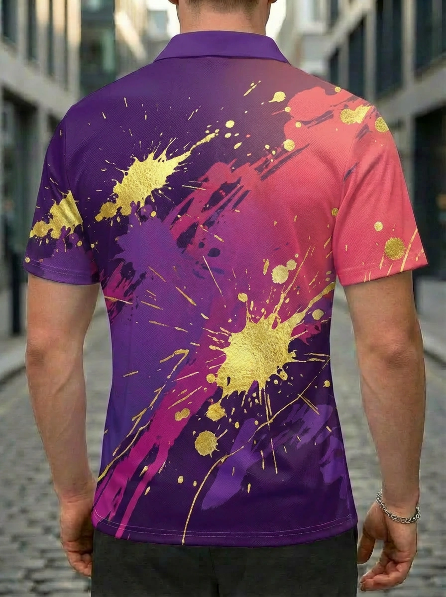 Moisture-wicking Purple Pink Gold Paint Splash Pattern Button Short Sleeve Golf Polo Shirt