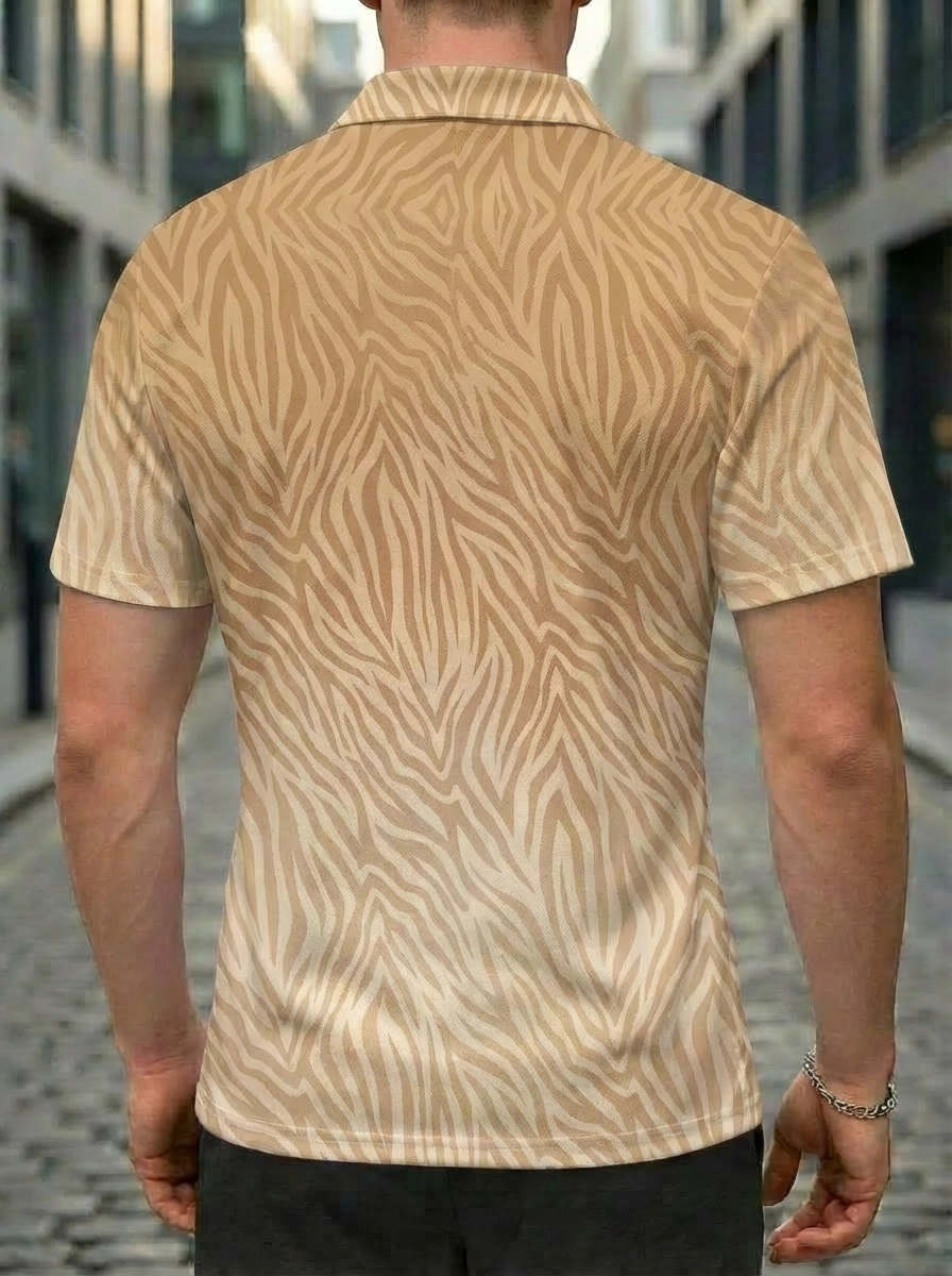 Moisture-wicking Khaki Zebra Stripe & Cactus Graphic Button Short Sleeve Golf Polo Shirt
