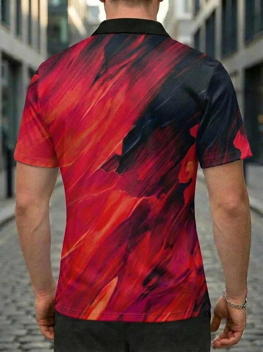 Moisture-wicking Red Black Gradient Oil Painting Brushstroke Button Short Sleeve Golf Polo Shirt