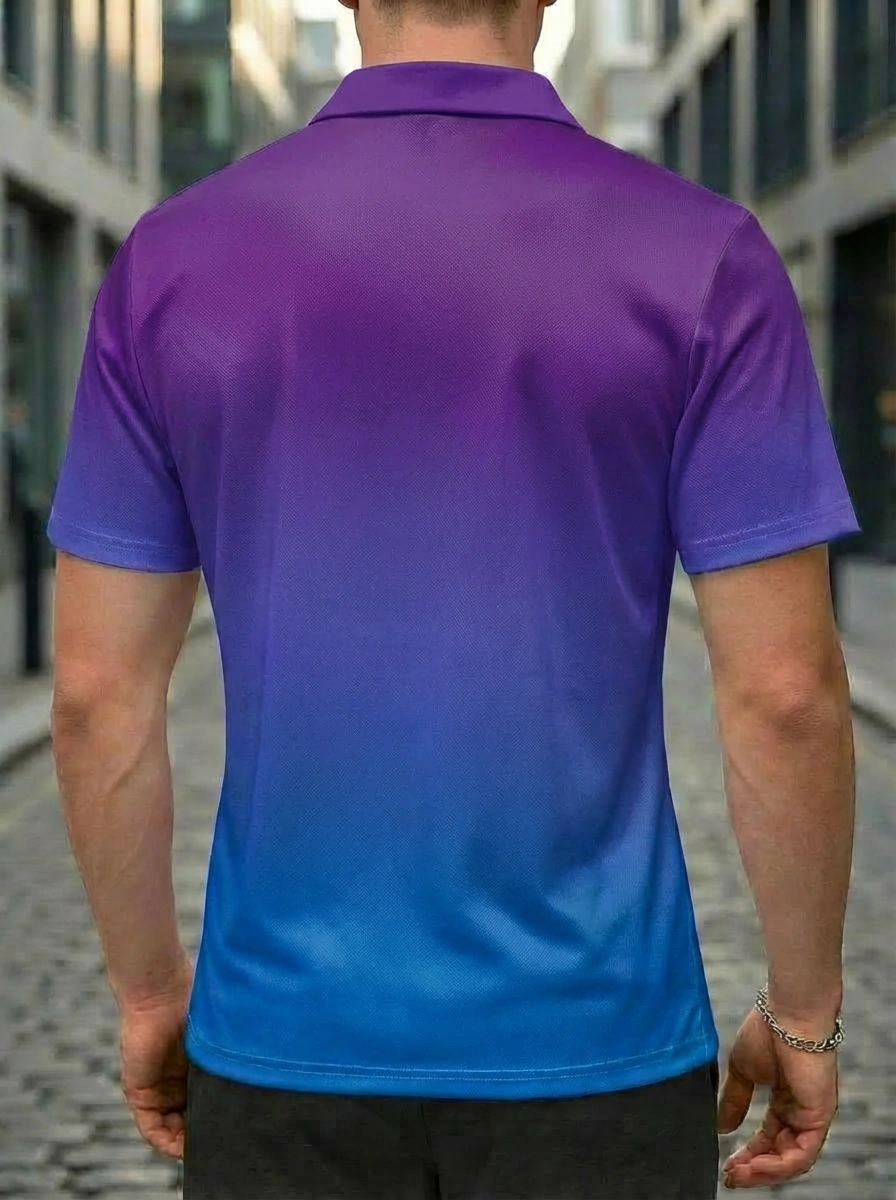 Moisture-wicking Purple Blue Ombre Guitar & Music Note Graphic Button Short Sleeve Golf Polo Shirt