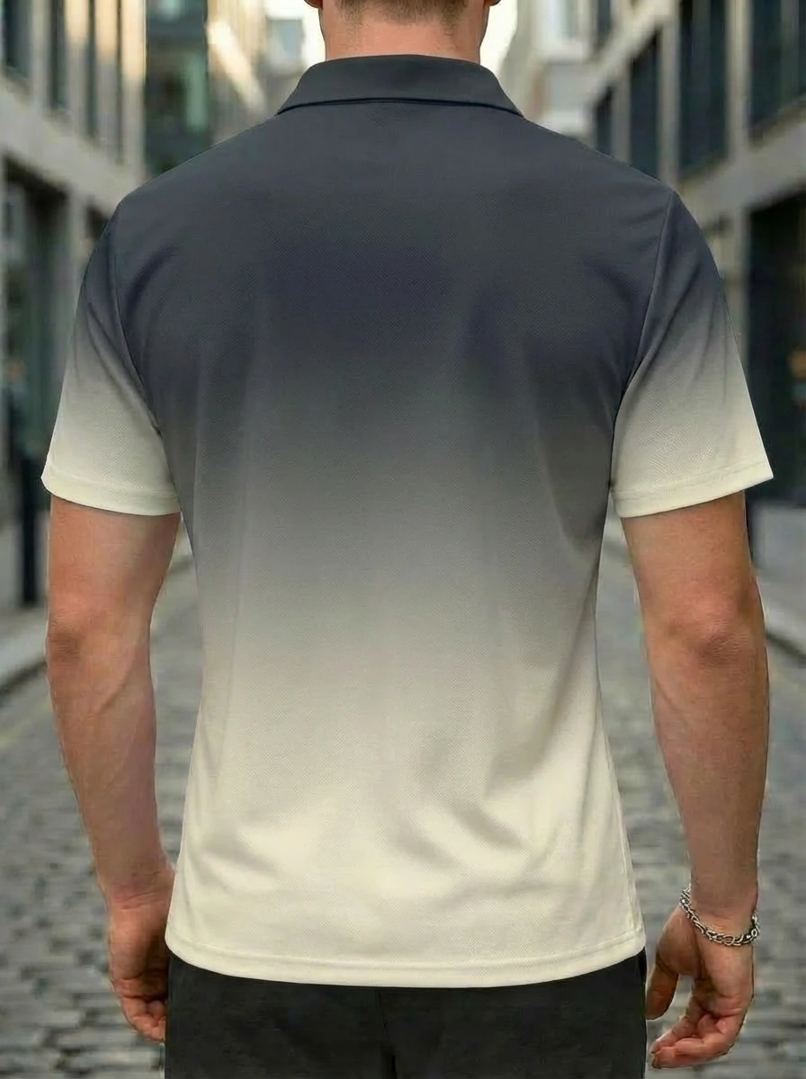 Moisture-wicking Grey White Ombre Abstract Brushstroke Graphic Button Short Sleeve Golf Polo Shirt