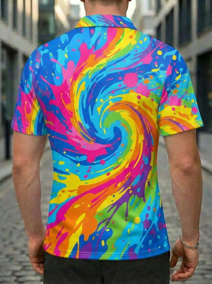 Moisture-wicking Rainbow Swirl Paint Splash Pattern Button Short Sleeve Golf Polo Shirt