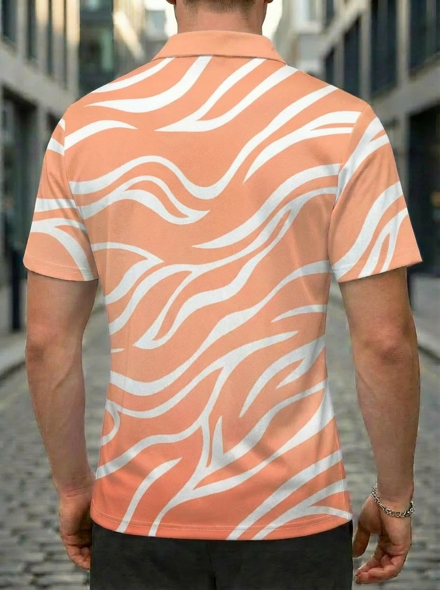 Moisture-wicking Peach White Zebra Stripe Pattern Button Short Sleeve Golf Polo Shirt