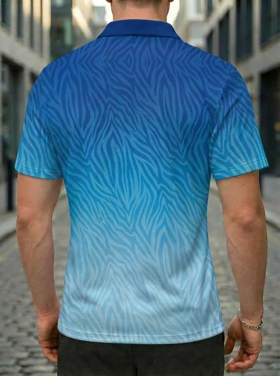 Moisture-wicking Blue Ombre Zebra Stripe & Heart Star Graphic Button Short Sleeve Golf Polo Shirt