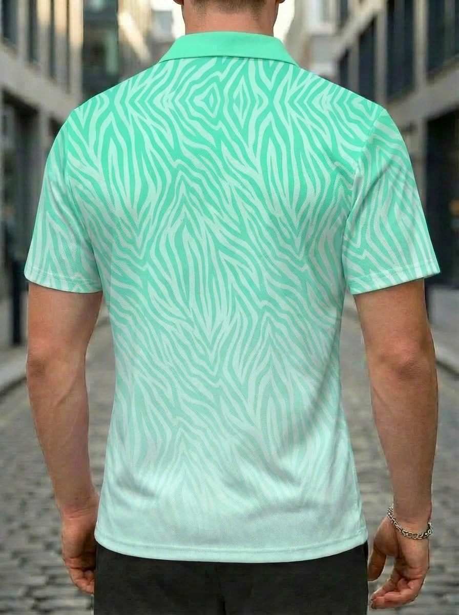 Moisture-wicking Mint Green Zebra Stripe Pattern Button Short Sleeve Golf Polo Shirt