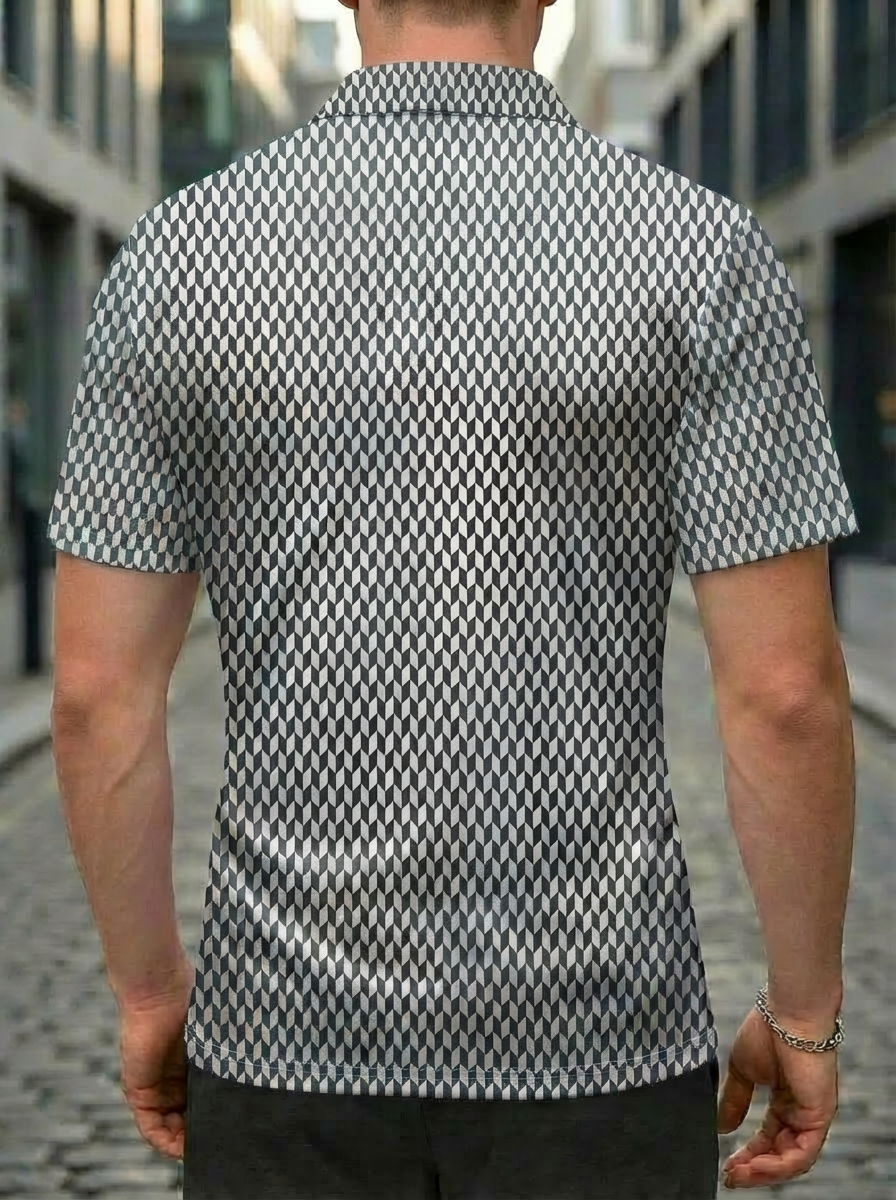 Moisture-wicking Black White Diamond Geometric Pattern Button Short Sleeve Golf Polo Shirt