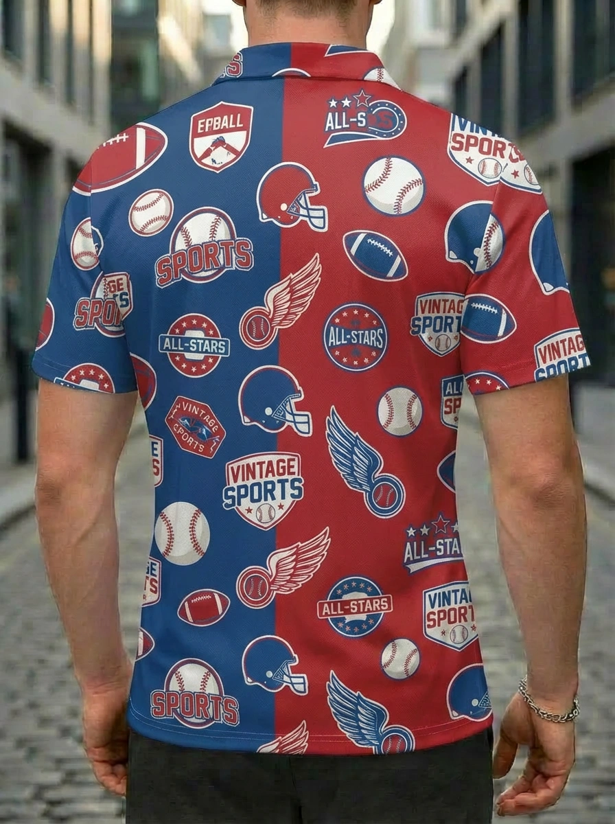 Moisture-wicking Red Blue Split Vintage Sports Graphic Button Short Sleeve Golf Polo Shirt