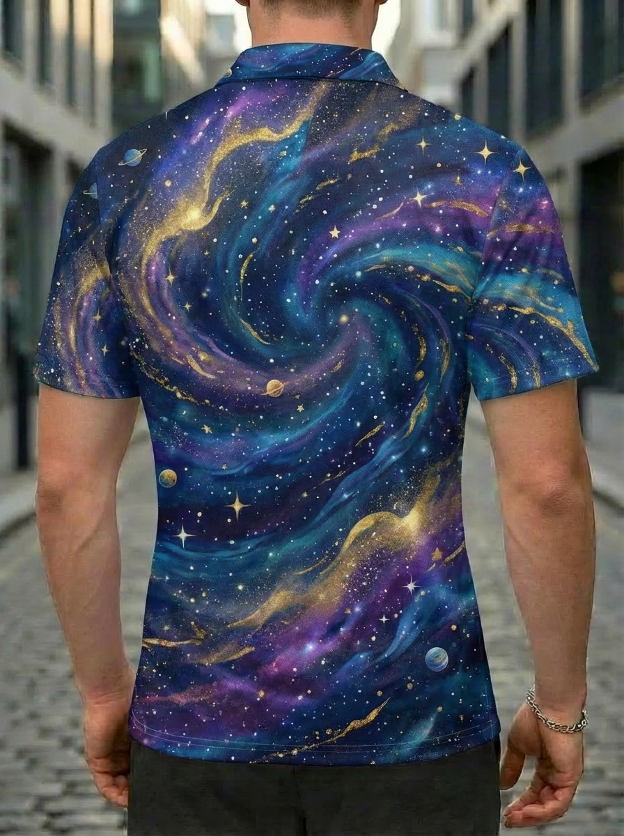Moisture-wicking Gold Pink Blue Swirl Galaxy Pattern Button Short Sleeve Golf Polo Shirt