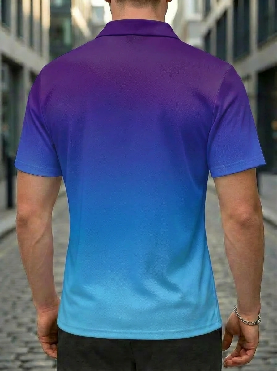 Moisture-wicking Purple Blue Ombre Galaxy Graphic Button Short Sleeve Golf Polo Shirt