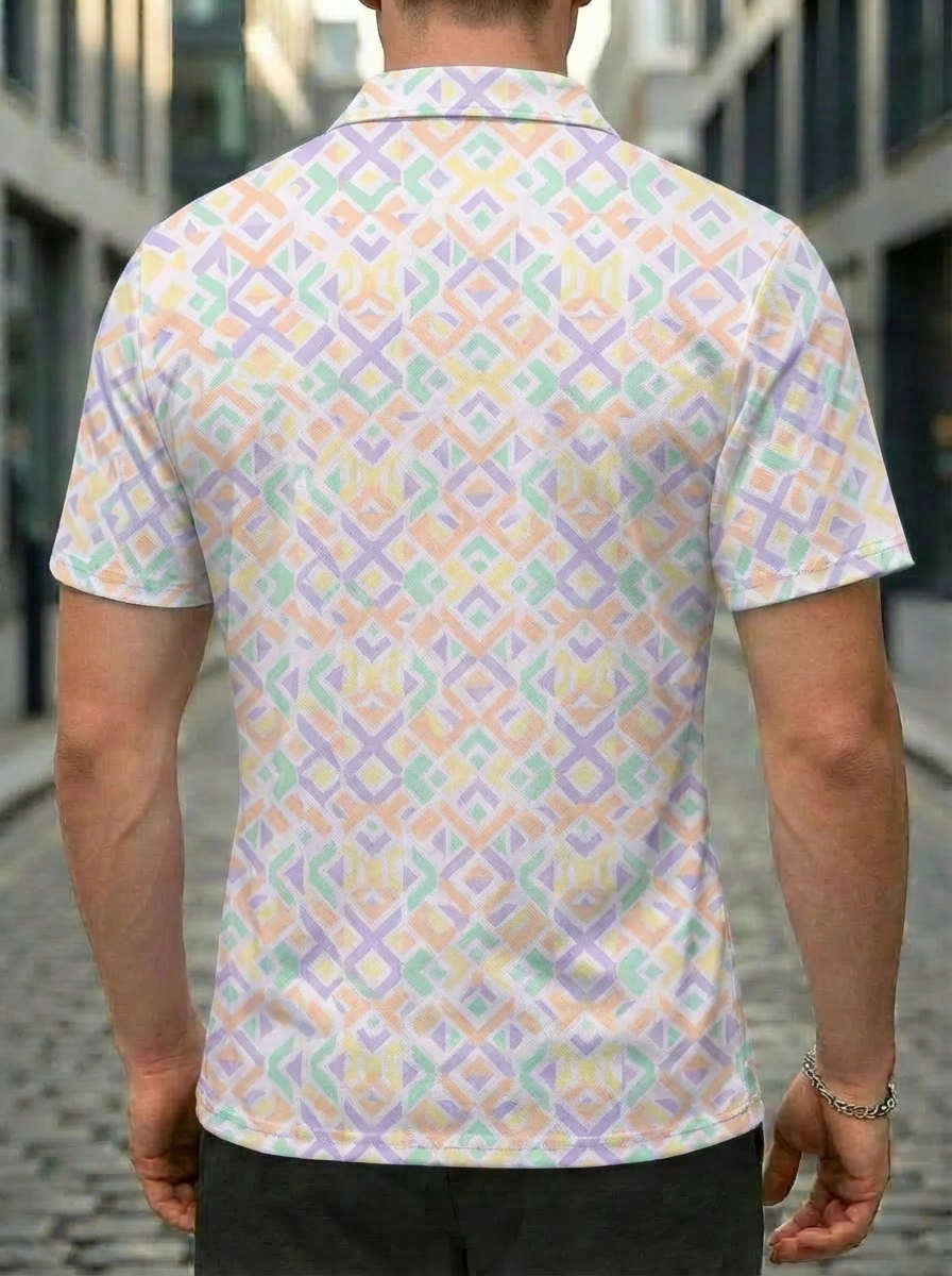 Moisture-wicking Pastel Color Geometric Diamond Pattern Button Short Sleeve Golf Polo Shirt