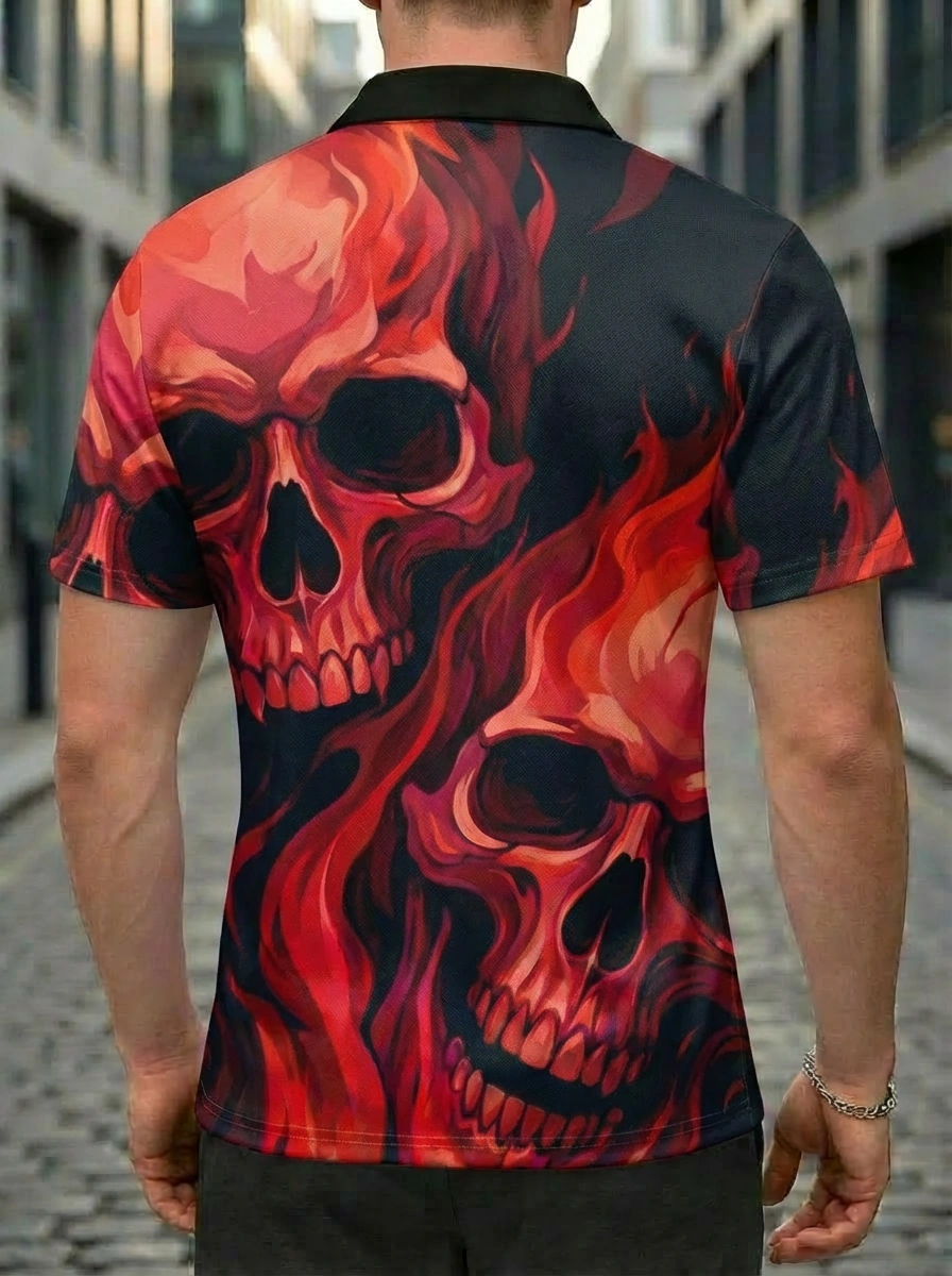 Moisture-wicking Red Black Flame Skull Graphic Button Short Sleeve Golf Polo Shirt