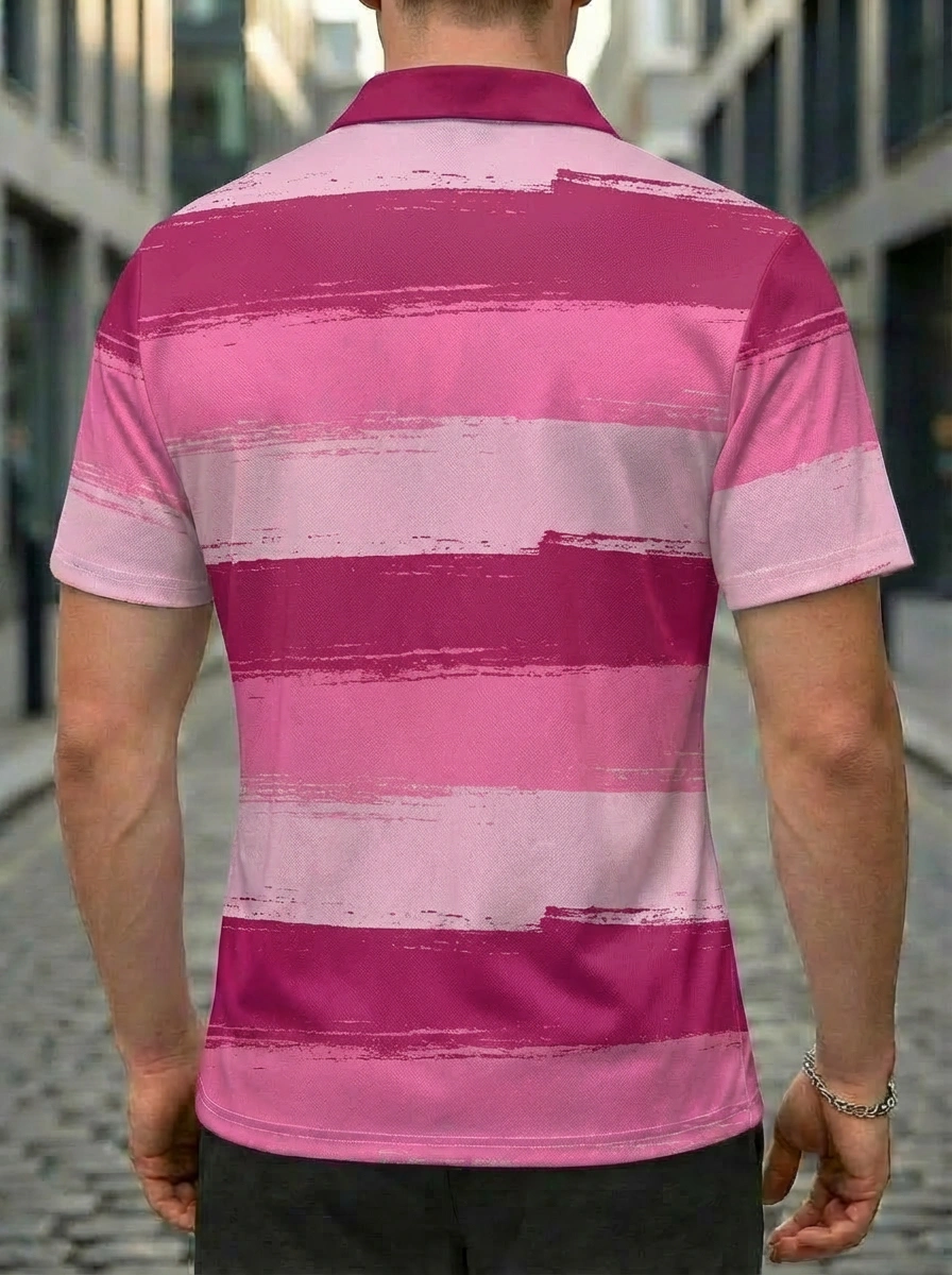 Moisture-wicking Pink Purple Gradient Brushstroke Stripe Button Short Sleeve Golf Polo Shirt
