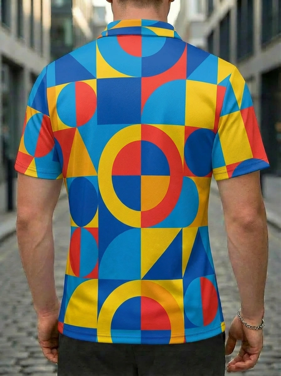 Moisture-wicking Red Yellow Blue Mondrian Geometric Pattern Button Short Sleeve Golf Polo Shirt