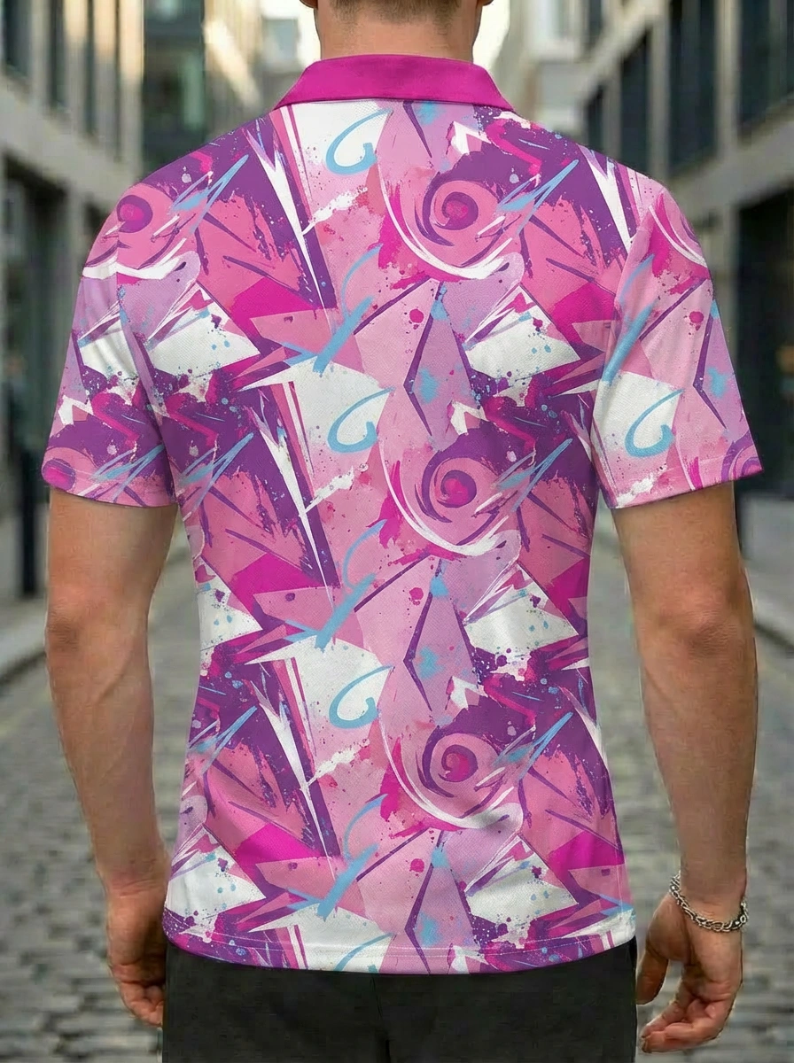 Moisture-wicking Pink Purple Blue Abstract Graffiti Pattern Button Short Sleeve Golf Polo Shirt