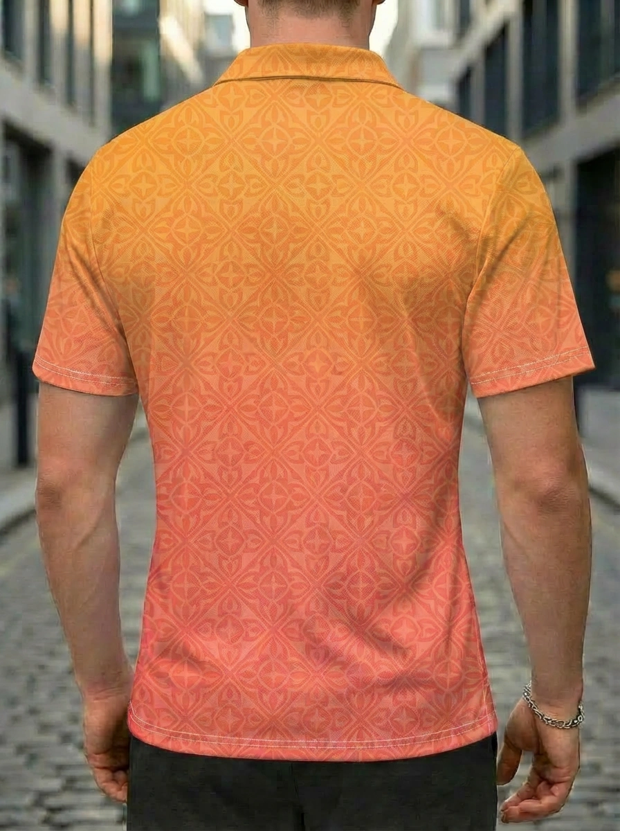 Moisture-wicking Yellow Orange Ombre Geometric Pattern & Beach Umbrella Graphic Button Short Sleeve Golf Polo Shirt