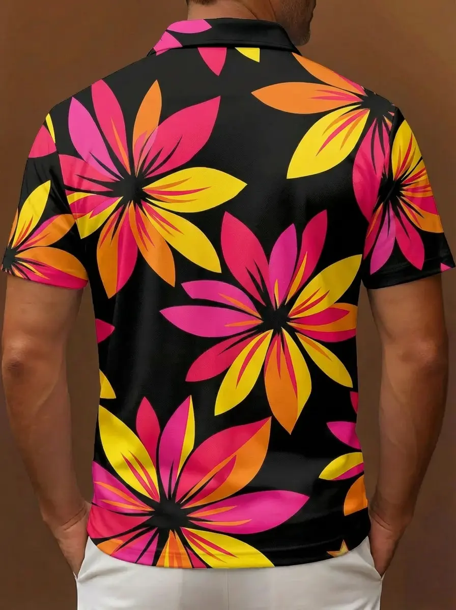 Black Pink Yellow Floral Pattern Button Short Sleeve Golf Polo Shirt