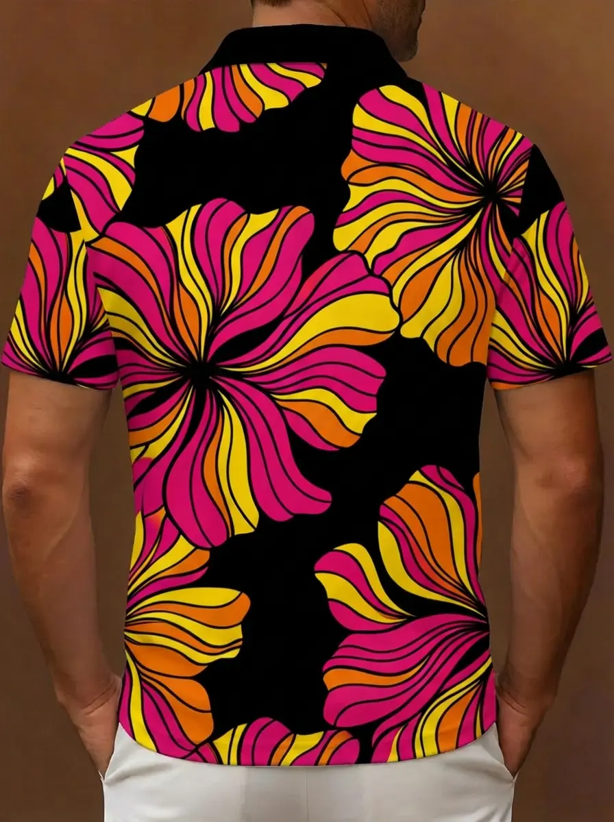 Black Pink Yellow Orange Floral Pattern Button Short Sleeve Golf Polo Shirt