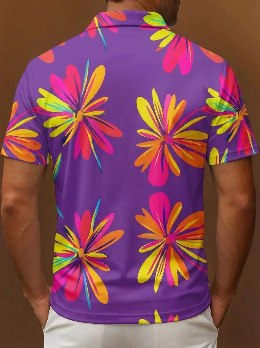 Purple Colorful Floral Pattern Button Short Sleeve Golf Polo Shirt