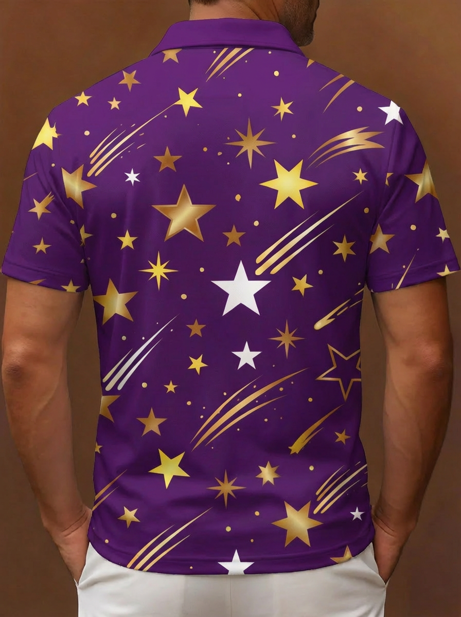 Moisture-wicking Purple Gold White Star & Meteor Pattern Button Short Sleeve Golf Polo Shirt
