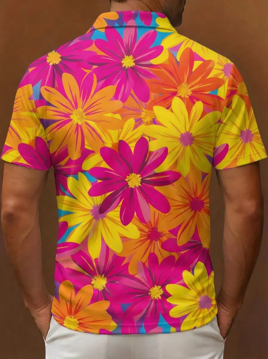 Pink Yellow Orange Colorful Floral Pattern Button Short Sleeve Golf Polo Shirt